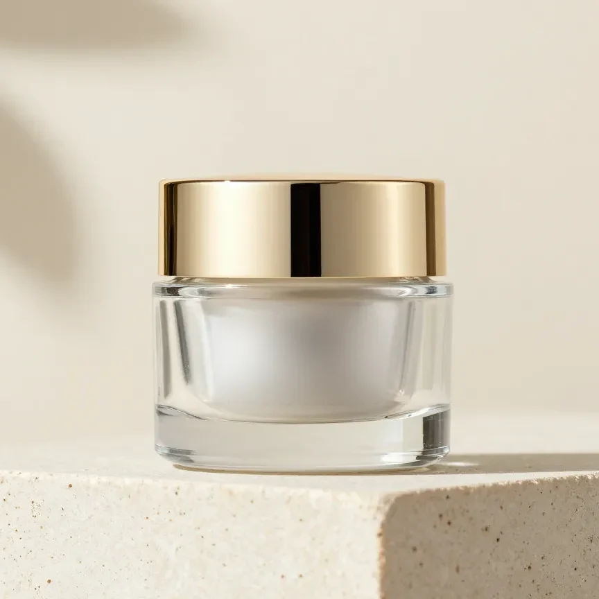 A skincare jar lit on a stone plinth — product film generated for campaign creative