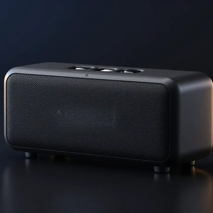 A portable speaker in a dark studio — a product video generated for an e-commerce catalogue